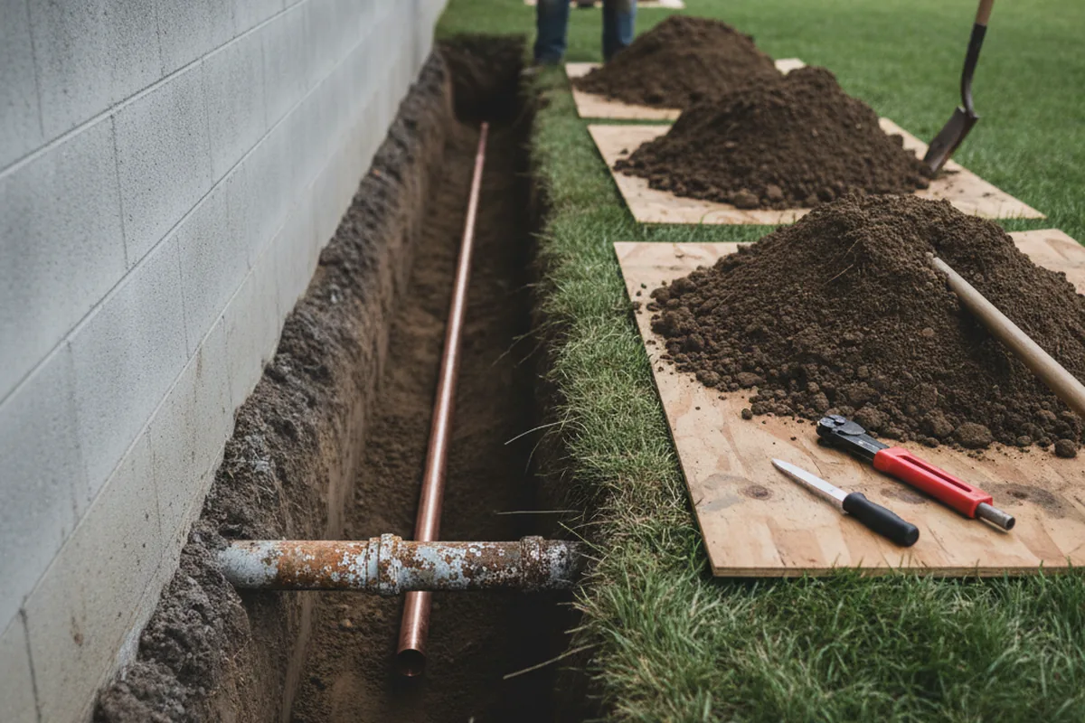 Excavated water line trench during Sewer Line Repair in Pemberton
